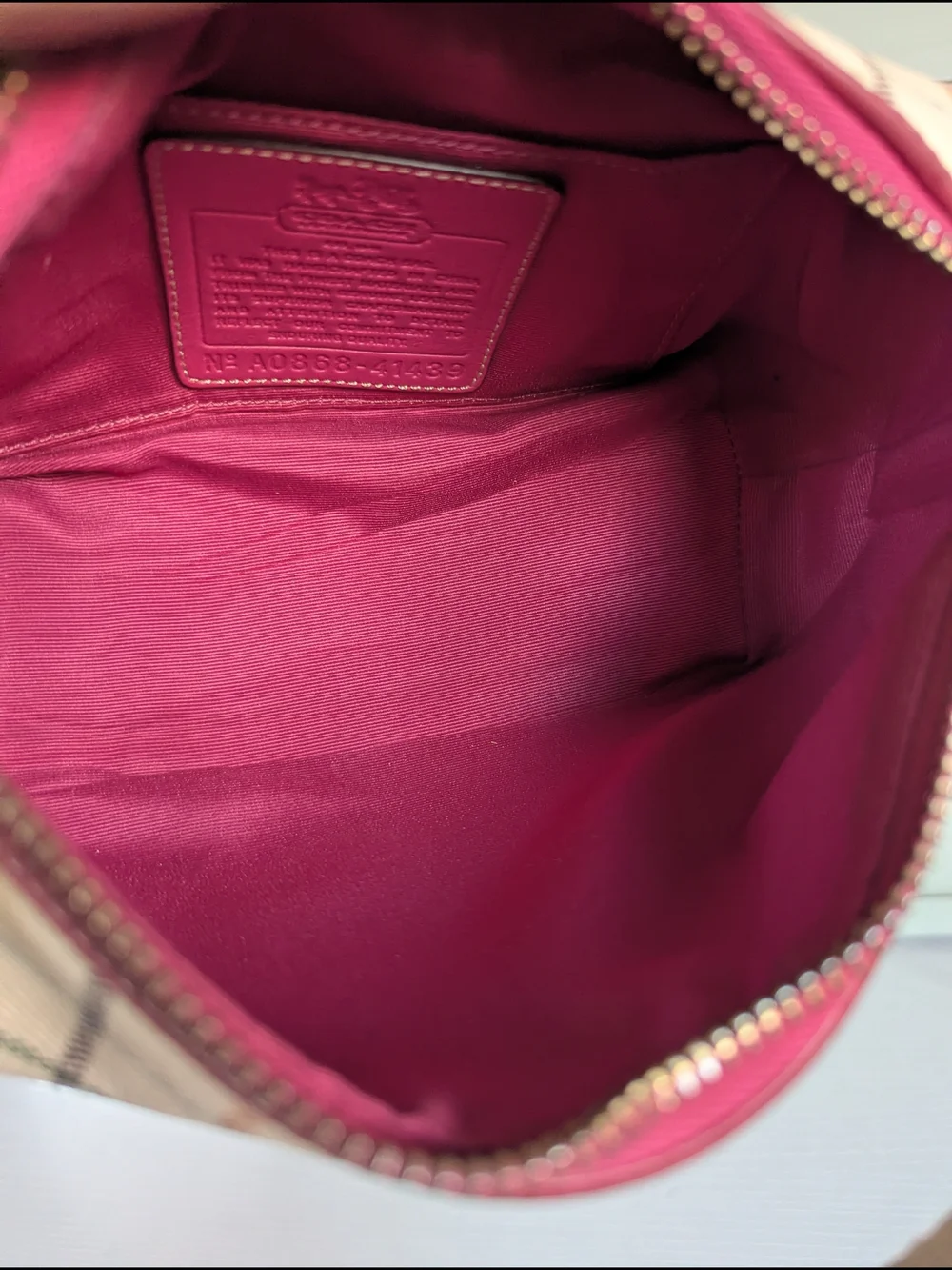 Coach Cream Plaid Canvas Shoulder Bag with Pink Accent